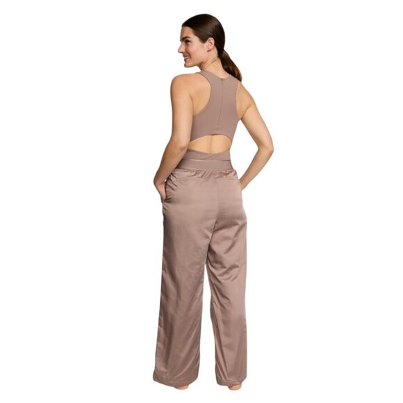 Victoria's Secret Lux Glossy Sport Wide Leg Jumpsuit Size M NWT VSX Brown Mocha - Picture 2 of 14